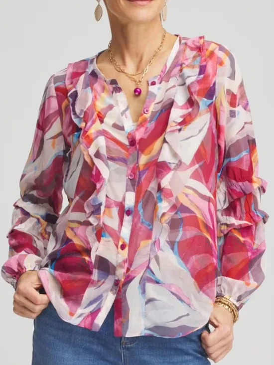 Chico's Pink Multi-Color Ruffle Button-Front Blouse - Picture 5 of 6
